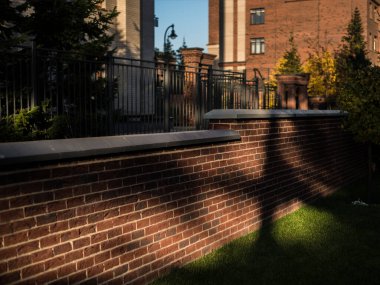 Güzel bir park manzarası, bakımlı ağaçlar ve lüks tuğlalı evler olan bir meydan..