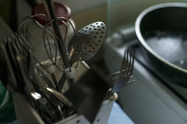 Cutlery Kitchen Utensils Spoons Forks Knives Heap Chaotically Located Containers — Stock Photo, Image