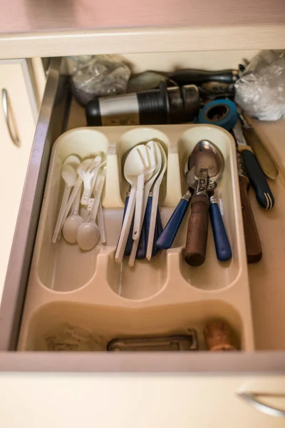 Drawer Kitchen Cabinet Which Cutlery Utensils Objects Spoons — Stock Photo, Image