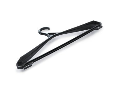 Güzel siyah plastik elbise askısı ve askısı beyaz yalıtımlı arka planda..