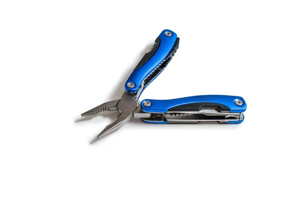 A beautiful folding knife, a mobile male tool and accessory with several tools for work and repair on a white isolated background.