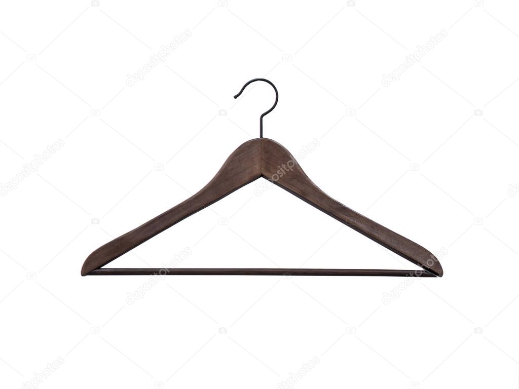 Beautiful brown wooden clothes hanger and coat hanger on a white insulating background.