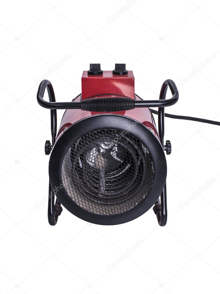 One red fan heater and heat gun on a white isolated background.