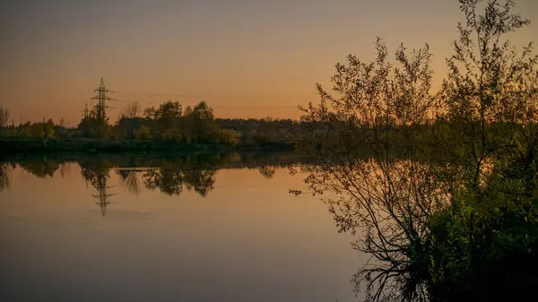 Karanlık Doğanın Güzel Manzarası Gölet Göl Orman Gökyüzü Akşam Veya — Stok fotoğraf