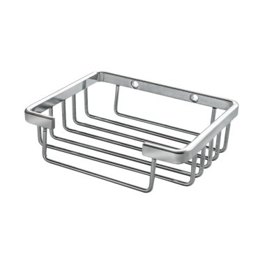 Küvette sabun kafesi şeklinde parlak güzel bir metal duruş, izole edilmiş beyaz bir arka planda tuvalet..