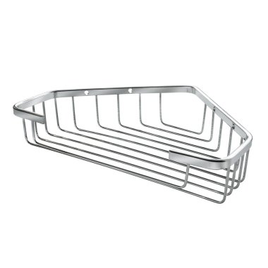 Küvette sabun kafesi şeklinde parlak güzel bir metal duruş, izole edilmiş beyaz bir arka planda tuvalet..