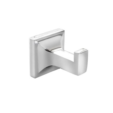 Güzel metal parlak askı, kanca, küvette asılı aksesuarlar, beyaz izole edilmiş arka planda tuvalet..