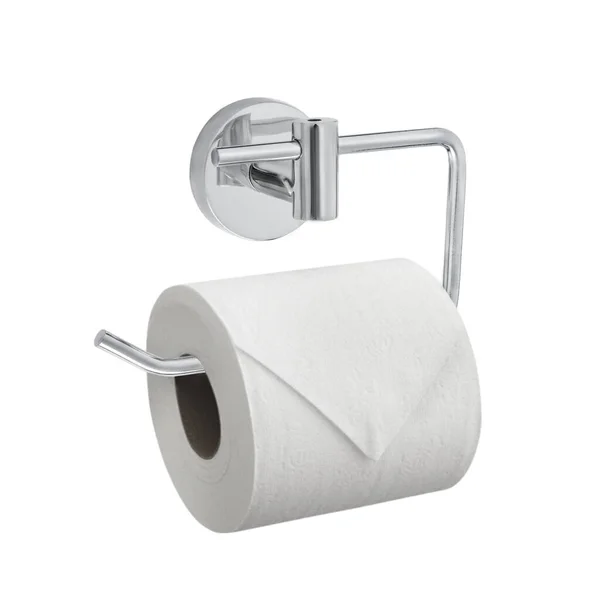Piękny Metalowy Błyszczący Wieszak Papieru Toaletowego Wannie Toaleta Białym Izolowanym — Zdjęcie stockowe
