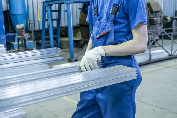 Industrial Landscape Factory Workshop Workers Aluminum Metal Blanks Form Long — Stock Photo, Image