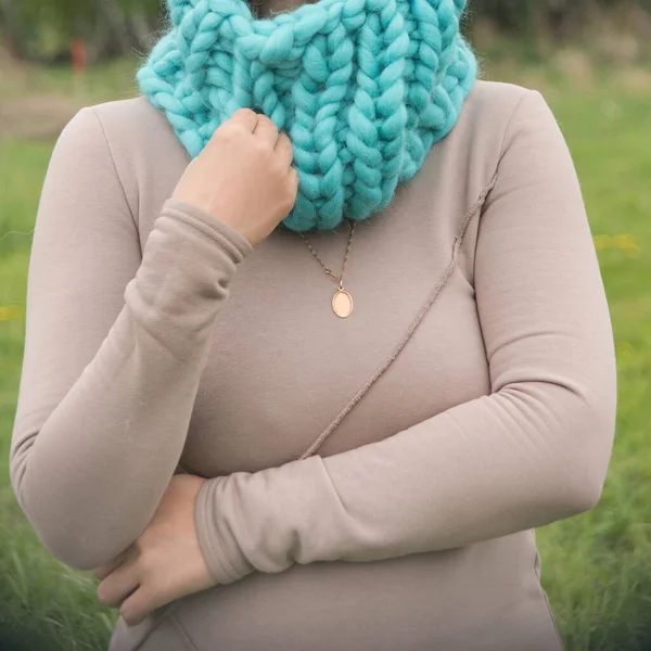 Beautiful Fashionable Scarf Woolen Knitted Warm Cozy Product Turquoise Color — Stock Photo, Image