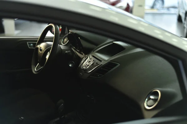 Beautiful Control Panel Dashboard Steering Wheel Black Car Expensive Stylish — Stock Photo, Image