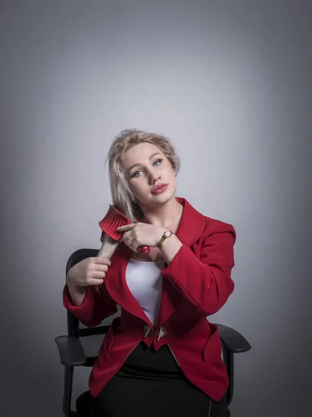 Beautiful Young Girl Blonde Business Woman Red Jacket Suit Office — Stock Photo, Image