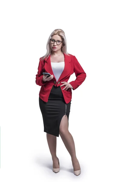 Beautiful Young Girl Blonde Business Woman Red Jacket Suit Glasses — Stock Photo, Image