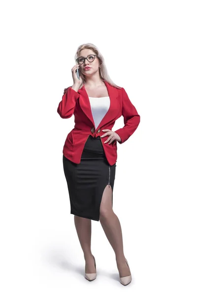 Beautiful Young Girl Blonde Business Woman Red Jacket Suit Glasses — Stock Photo, Image