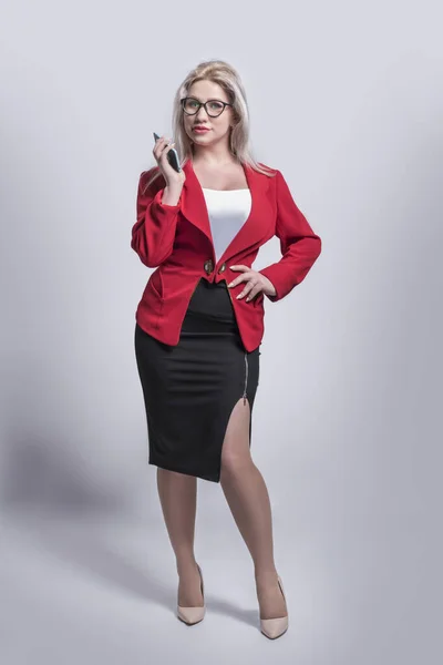 Beautiful Young Girl Blonde Business Woman Red Jacket Suit Glasses — Stock Photo, Image