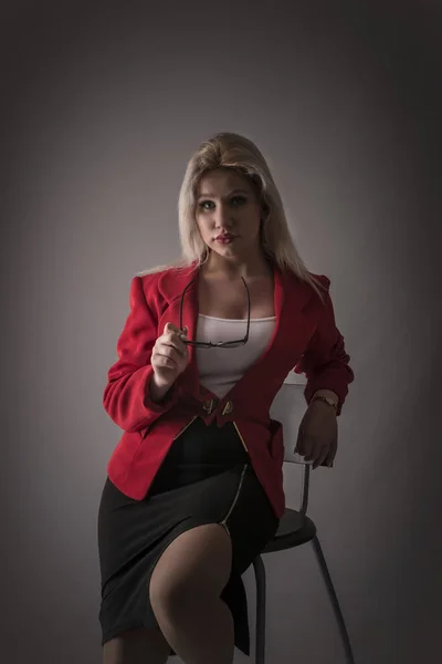 Beautiful Young Girl Blonde Business Woman Red Jacket Suit Glasses — Stock Photo, Image