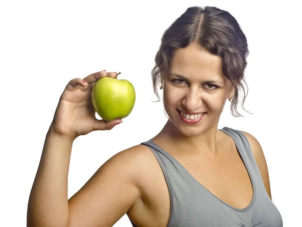 Emotionale Fröhlich Schöne Mädchen Mit Grünem Apfel Auf Weißem Hintergrund — Stockfoto
