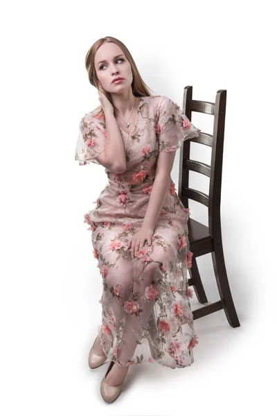Portrait Fashionable Young Seductive Emotional Beautiful Girl Woman Sibling Chair — Stock Photo, Image