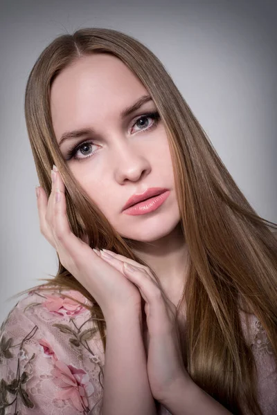 Portrait Fashionable Young Seductive Emotional Beautiful Girl Woman Straight Blond — Stock Photo, Image