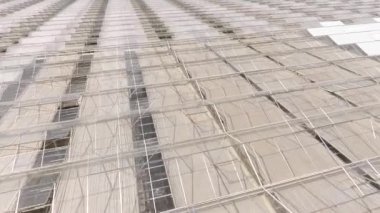 Parlak, modern cam sera sıcak su arıtma tesisleri, fidanlıklar. Kırsal alan, güneşli gün, hava görüntüleri.