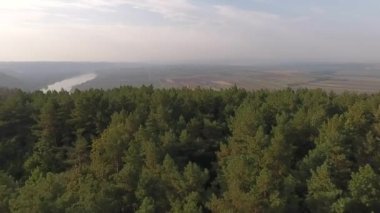 Tarım arazileri, Ukrayna 'daki nehrin kıyısındaki adada çiftlik. Hava görüntüleri, sabah, akşam, gün batımı, gün doğumu,
