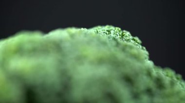 Brokoli çiçeğinin deseni siyah bir zemin üzerindeki yeşil makro. Harekete odaklan, 4k