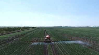 Traktör dışarıda tarlada çalışıyor, sprey tarlasında. Kirlilik, kimyasallar, böcek ilaçları, böcek ilaçları. Hava görüntüleri