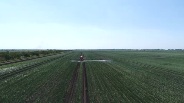 Tracteur travaille sur la plantation en plein air, champ de pulvérisation. Pollution, produits chimiques, pesticides, insecticides. Images aériennes 