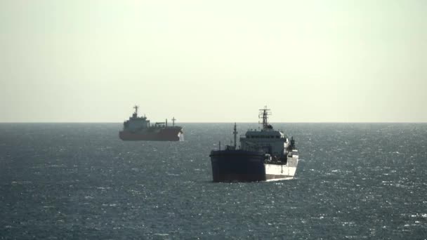 Zwei Schiffe Die Vor Der Küste Stehen Auf Hoher See — Stockvideo