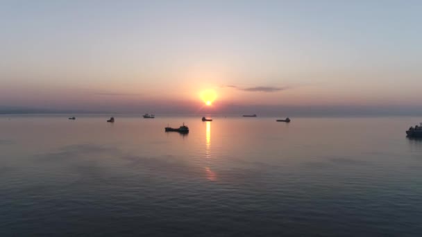 Ships Stand Anchor Open Water Calm Sea Sunrise Limassol Cyprus — Stock Video