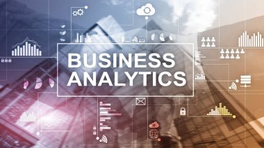 İş analytics kavramı çift pozlama arka plan üzerinde.
