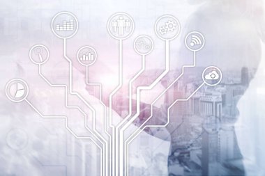 İş uygulamaları simgeleri arka plan bulanık. Finans ve ticaret. Internet teknoloji kavramı.