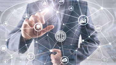 ICT - bilgi ve telekomünikasyon teknolojisi ve çok - Internet şeyler kavramları. Sunucu odası arka simgeleri ile diyagramları