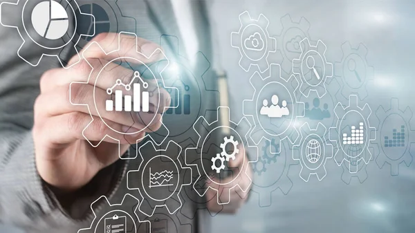 Workflow and automation technology concept. Business process abstract diagram with gears and icons. — ストック写真