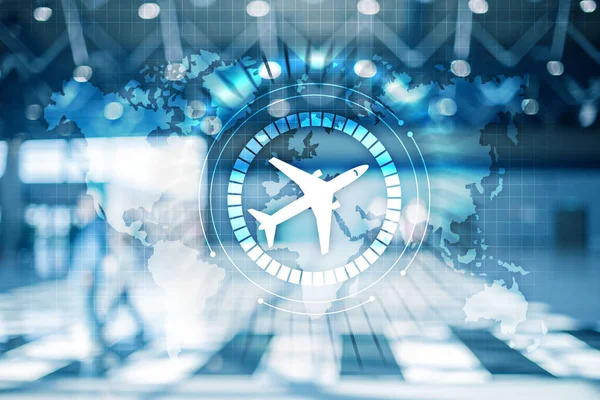 Flugzeug-Symbol auf virtuellem Bildschirm. Flugzeugtransport Routennetzkonzept. Hintergrund für Geschäftsreisen. — Stockfoto