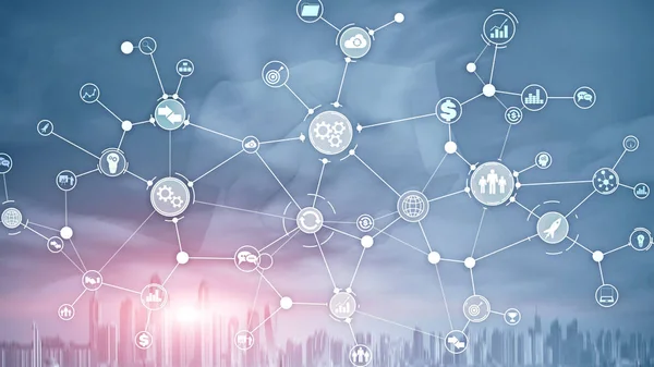 Affärsprocessstruktur industriell arbetsflödesdiagram automation koncept på virtuell skärm blandade medier. Dubai stad. — Stockfoto