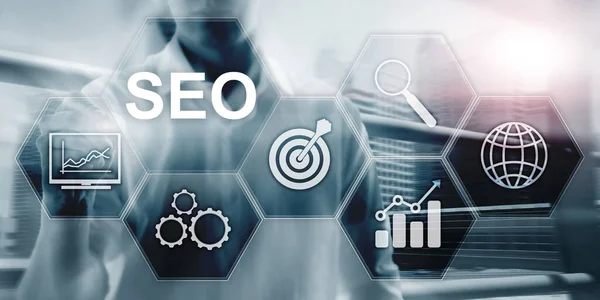 Buscador Optimización del SEO en el fondo abstracto del negocio. Medios mixtos . — Foto de Stock