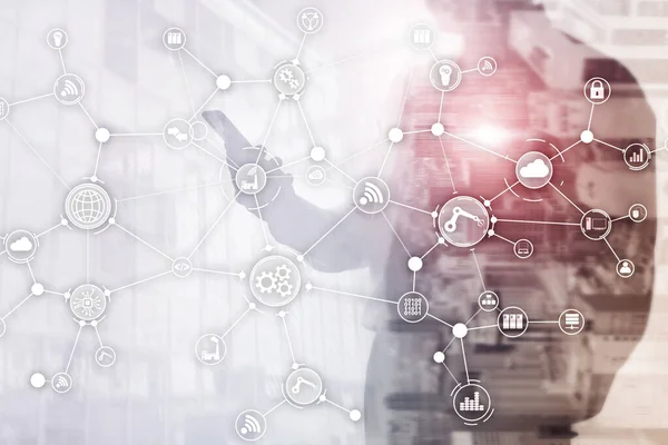 Technologie Průmyslový obchodní proces workflow organizační struktura na virtuální obrazovce. IOT smart industry concept mixed media diagram. — Stock fotografie