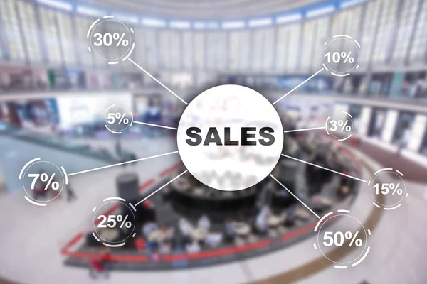 Dubai Mall Sale discount concept. Inscription Sales on blurred shop background. — ストック写真