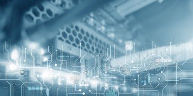 Gelecekçi mavi kullanıcı arayüzü. Elektronik taslak sunucu odası bilgi iletişim teknolojisi geçmişi. Şablon tasarımı kopyalama alanı