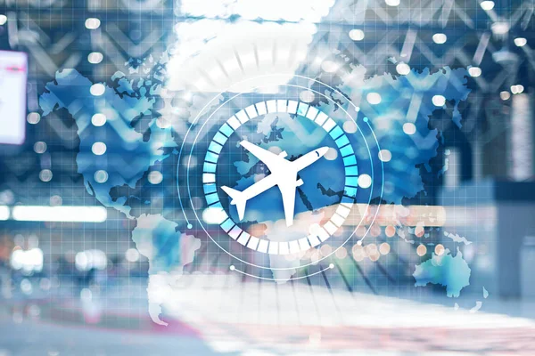 Az Airplane ikon a virtuális képernyőn. Repülőgépes közlekedési útvonal hálózat koncepciója. Üzleti utak háttere. — Stock Fotó