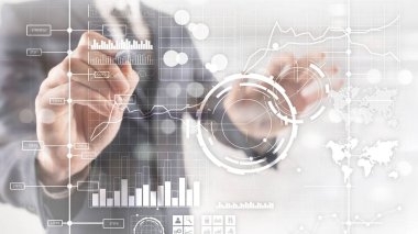 İş zekası BI Anahtar performans göstergesi KPI Analiz paneli şeffaf bulanık arkaplan.