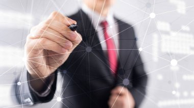 Bulanık gökdelenlerin arkaplanındaki engelleme ağı. Finansal teknoloji ve iletişim konsepti