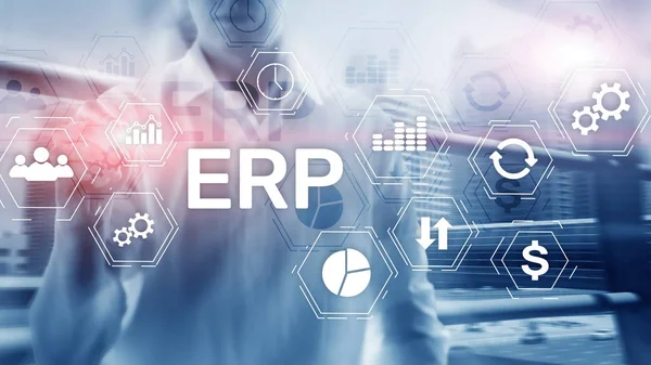 Sistema ERP, Planeamento de recursos empresariais em segundo plano desfocado. Conceito de automação e inovação empresarial. — Fotografia de Stock