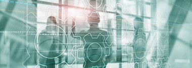 İş teknolojisi internet kavramı çift pozlama dişli soyut arka plan