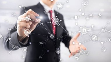 Sanal ekran karışık medya üzerinde iş süreci yapısı endüstriyel iş akışı diyagramı otomasyon yenilik kavramı.