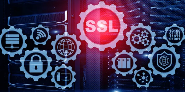 SSL Secure Sockets Layer concept. Cryptographic protocols provide secured communications. Server room background — Stock Photo, Image