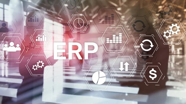 ERP 시스템, 엔터 프라이즈 리소스 계획 이 희미 한 배경에 있습니다. 비즈니스 자동화와 혁신 개념 — 스톡 사진