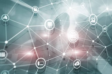ICT - bilgi ve telekomünikasyon teknolojisi ve çok - Internet şeyler kavramları. Sunucu odası arka simgeleri ile diyagramları