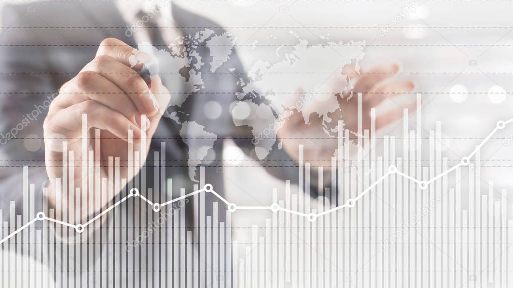 Business finance growth graph chart analysing diagram trading and forex exchange concept double exposure mixed media background website header